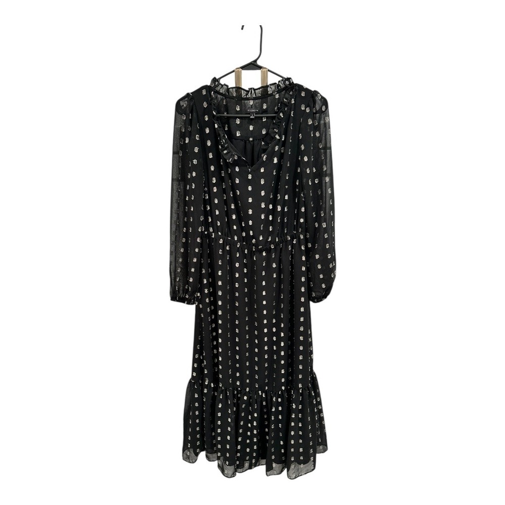 Talbots Midi Dress Metallic Dot Sheer‎ Long Sleeve Ruffle Neck Black Size 2
